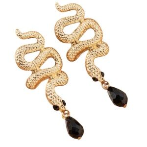 Goldtone Snake Charm Black Gemstone Dangle Earrings
